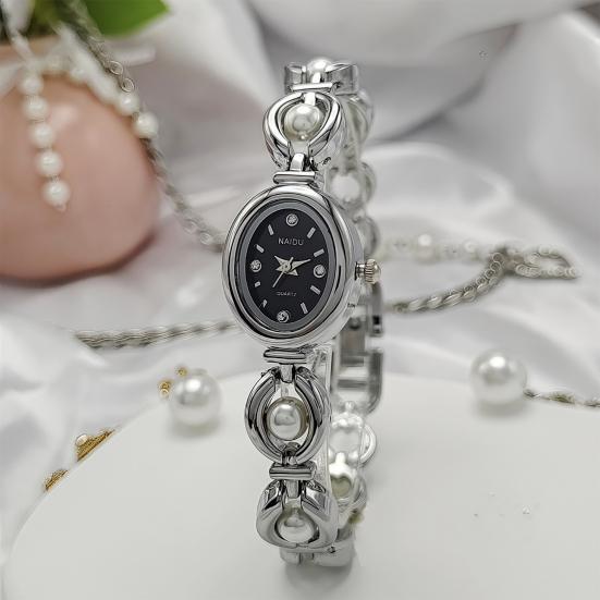 Ladies Bracelet Watch Faux Pearl Oval Dial Watch Women Vintage Quartz Wristwatch Elegant Dress Watch for Party Date