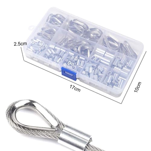 240-Piece Wire Rope Sleeve Clips, Wire Rope Thimbles, 1.2mm/1.5mm/2mm/2.5mm/3mm/4mm/5mm Crimp Sleeves for Crimping Machines