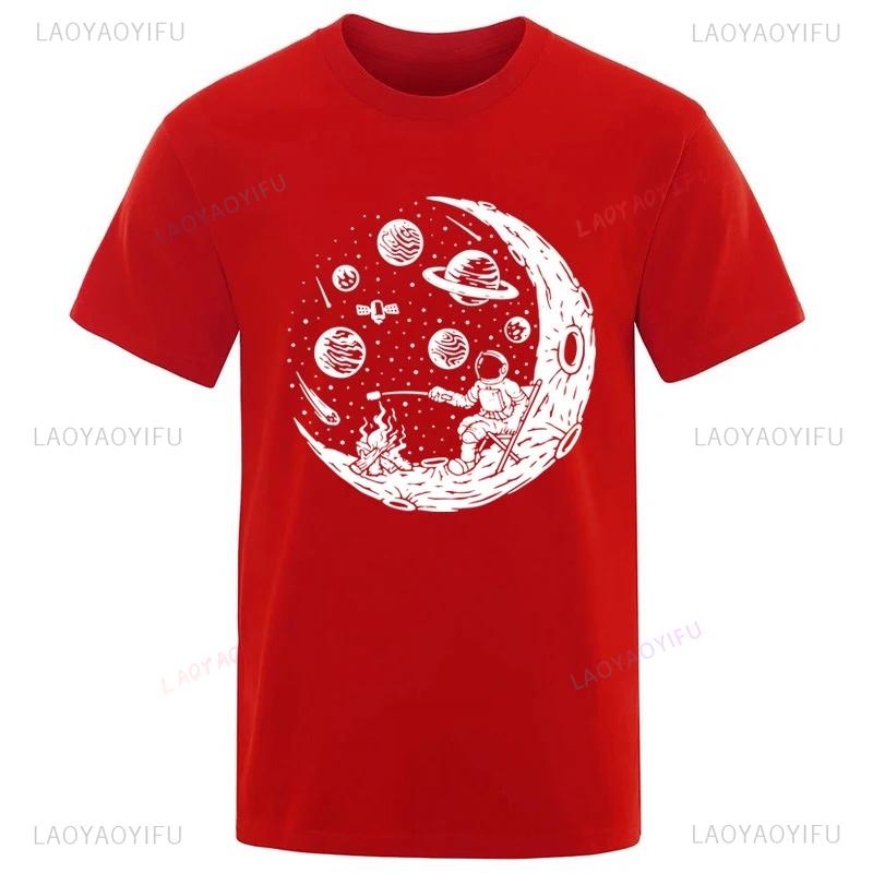 Funny Astronaut Moon Barbecue Print Unique Casual Loose Cool Men Oneck Streetwear Harajuku Allmatch Aesthetic Tshirt Tops