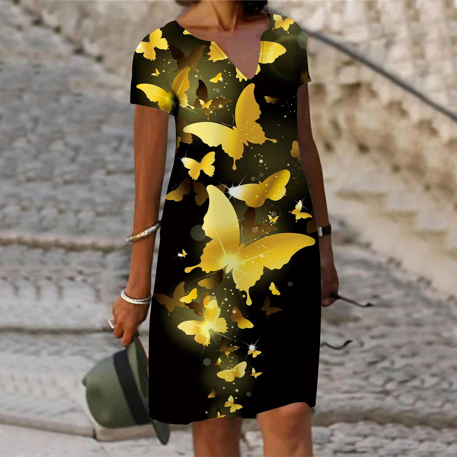 

Летнее модное платье с v-образным вырезом, женское платье с коротким рукавом и принтом танцующих бабочек, свободное повседневное платье для женщин 8XL жёлтый