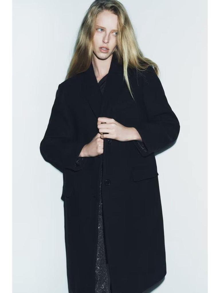 2024 European & American Women's Turn-Down Collar Long-Sleeve Button-Embellished Medium-Length Coat