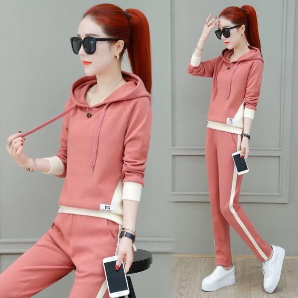 Casual Sportswear Set for Women - Spring/autumn Trendy, Loose-fitting, Fashionable Long-sleeved Hooded Pullover Set of Two Pieces