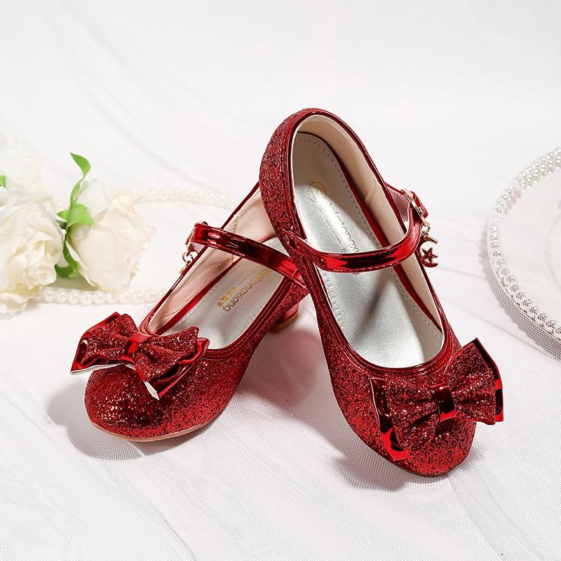 Girls Glitter Bow High Heel Princess Shoes Kids Party Crystal Performance Dress