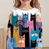 Children's Cute Cat 3D Digital Print Girl Casual and Comfortable Round Neck Long Sleeved T-shirt