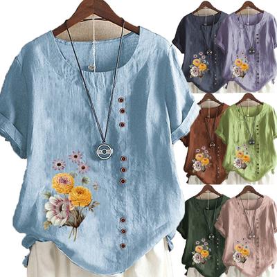 Europe and The United States Printing Cotton Linen Short-sleeved Ladies T-shirt