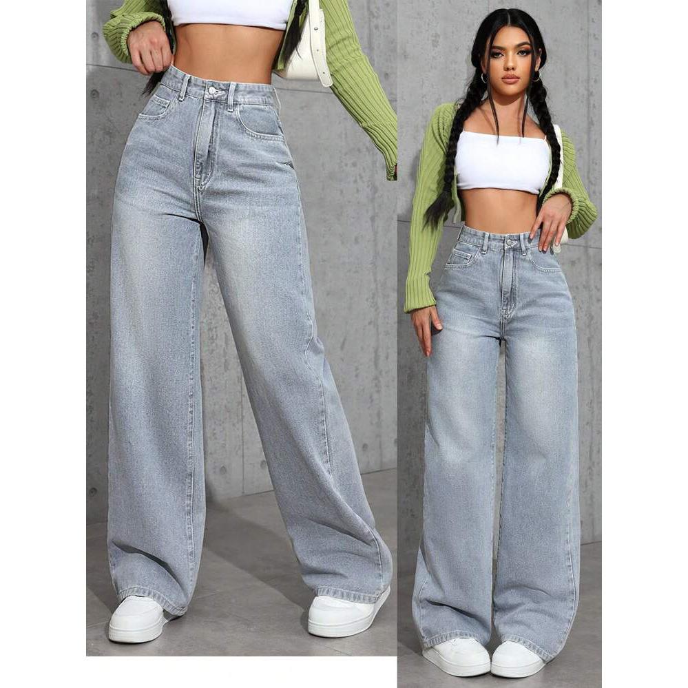 Light Blue High Waist Wide Leg Jeans for Women Casual Loose Fit Denim Pants with Front and Back Pockets