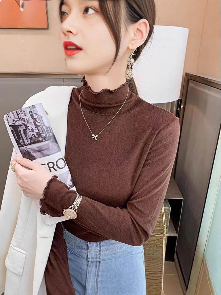 Double-Sided Velvet Frilled High-Collar Long Sleeve Women's T-Shirt - Autumn/Winter Fashion, High Elastic, Versatile.