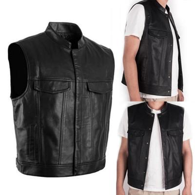 Stand Collar Sleeveless Men Waistcoat Faux Leather Buttons Closure Pockets Motorcycle Jacket Vest Male Clothes