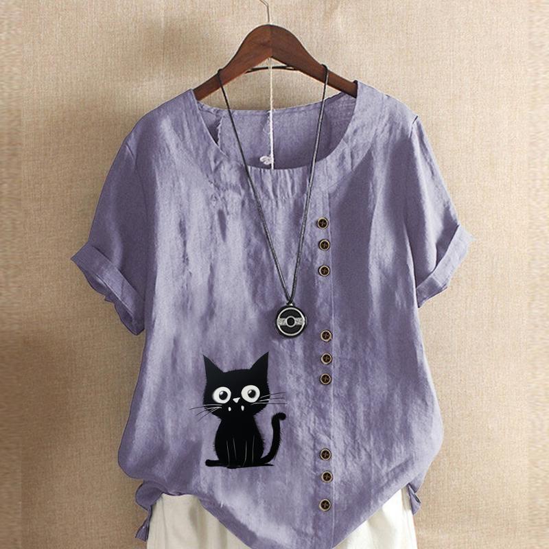Women's Fashion Cat Prined Short Sleeve T-shirt Loose Cotton Shirt Casual Loose Summer Blouse Plus Size Tops