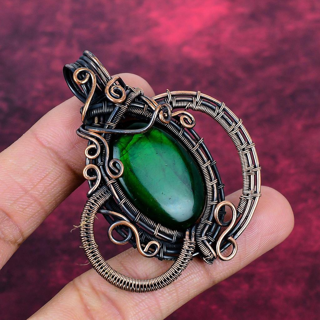 Green Fire Labradorite Pendant Copper Wire Wrapped Jewelry Real Gemstone Pendant