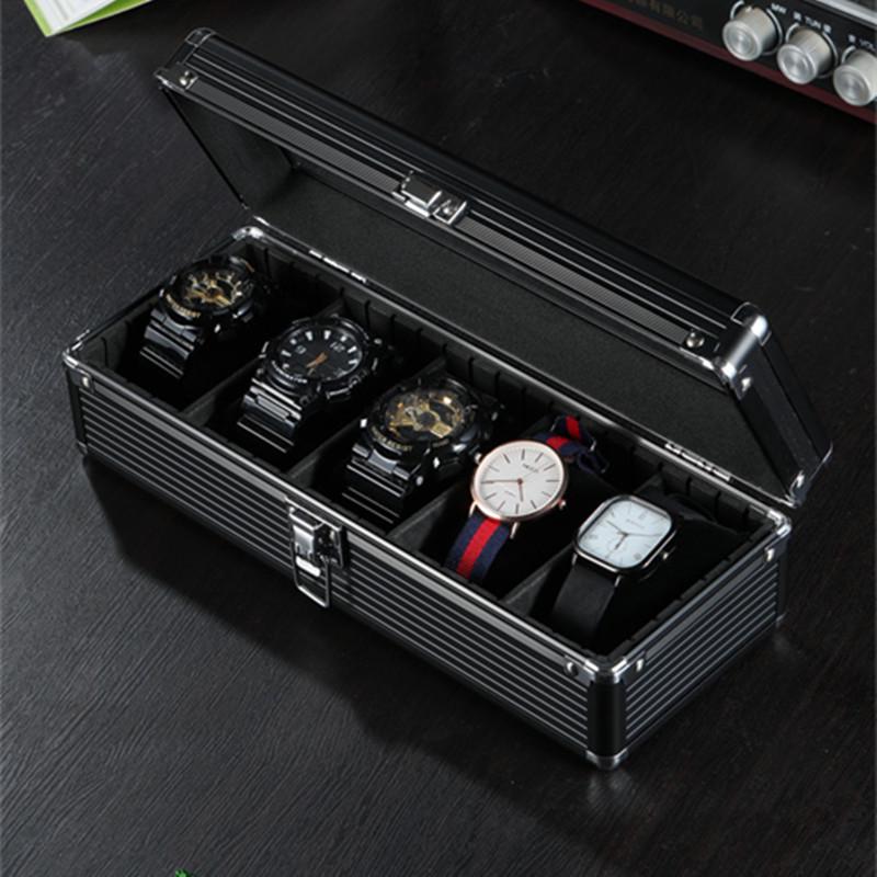 Aluminum Alloy Watch Box with Transparent Lid, 5 Slots, Multiple Colors