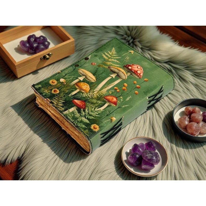 400 Page Large Grimoire Vintage Mushroom leather journal, Handmade Antique Deckle Edge Paper Spell Book of Shadows Journal for gifts