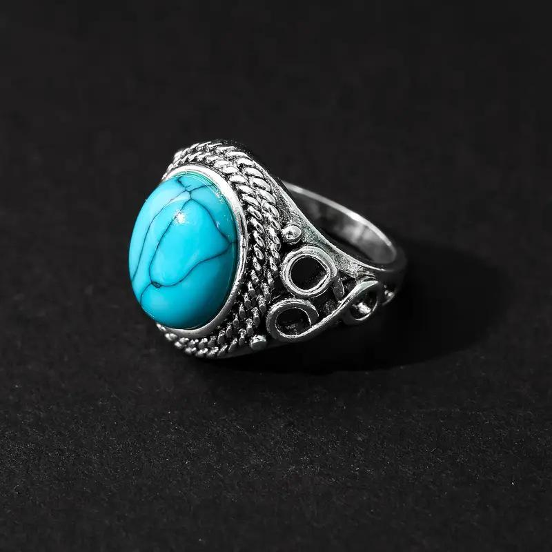 He Cheng Retro Marquise Turquoise Ring for Women - Hollow Pattern Electroplated Jewelry