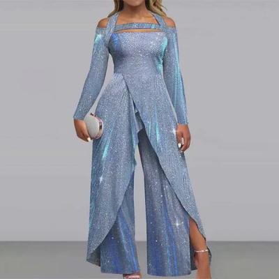 Sexy Glam Sequin Jumpsuit with Oblique Collar Mid Waist European American Style Skirt