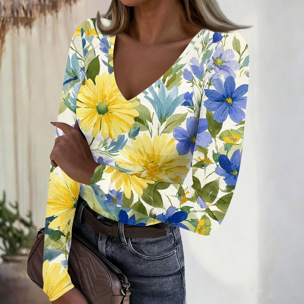 Women's Casual V-Neck Floral Print Long Sleeve Ribbed Top for Everyday Wear