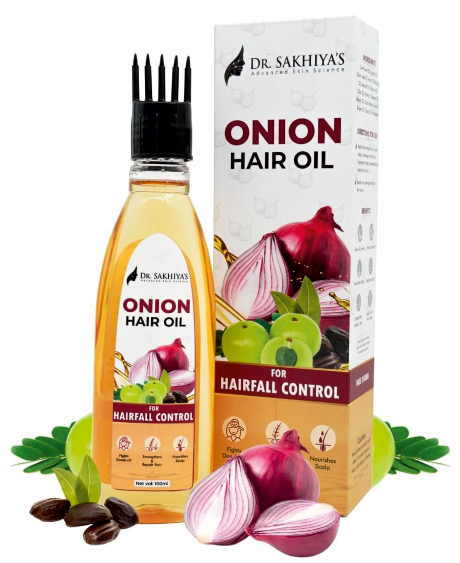 Dr. Sakhiya s Onion Hair Oil for Hair Fall Control | Enriched with Onion Extract, Amla & Almond | Strengthens, Nourishes, Fights Dandruff | 100 ml