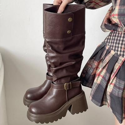 Mode Winter Punk Stil Damen Plateau Ritterstiefel Mode Gürtelschnalle Schuhe Damen Prägnante Höhenerhöhung Lange Stiefeletten
