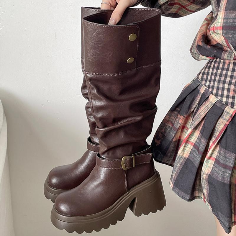Fashion Winter Punk Style Woman Platform Knight Boots Fashion Belt Buckle Shoes Ladies Concise Height Increase Long Booties