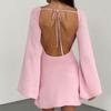 New Sexy Backless Round Collar Cover-Ups Solid Color Knit Beachwear Stylish Horn Sleeve Beach Suit Female Holiday Wrap Dress