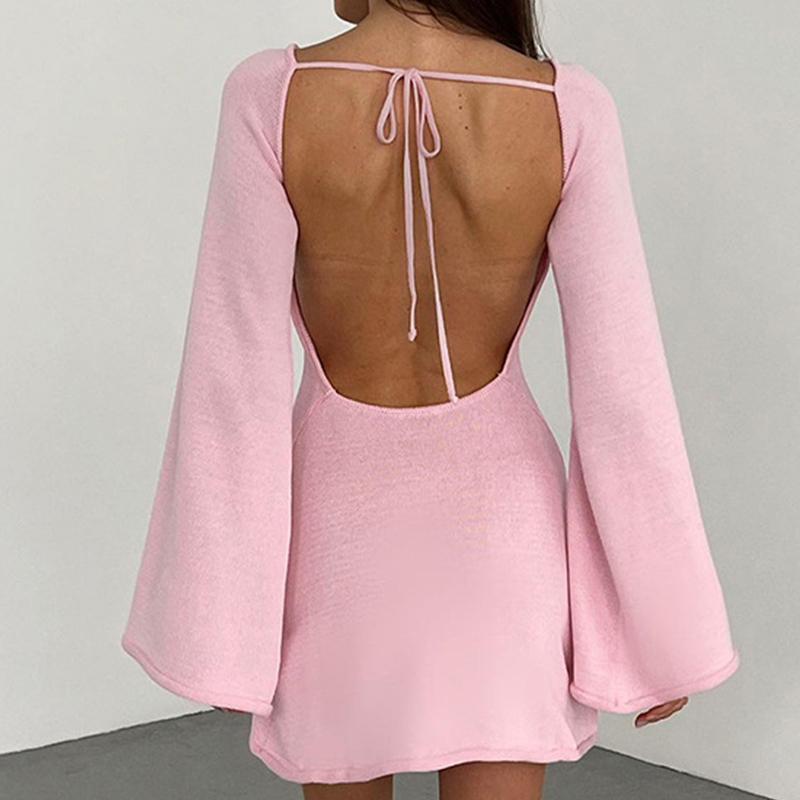 New Sexy Backless Round Collar Cover-Ups Solid Color Knit Beachwear Stylish Horn Sleeve Beach Suit Female Holiday Wrap Dress