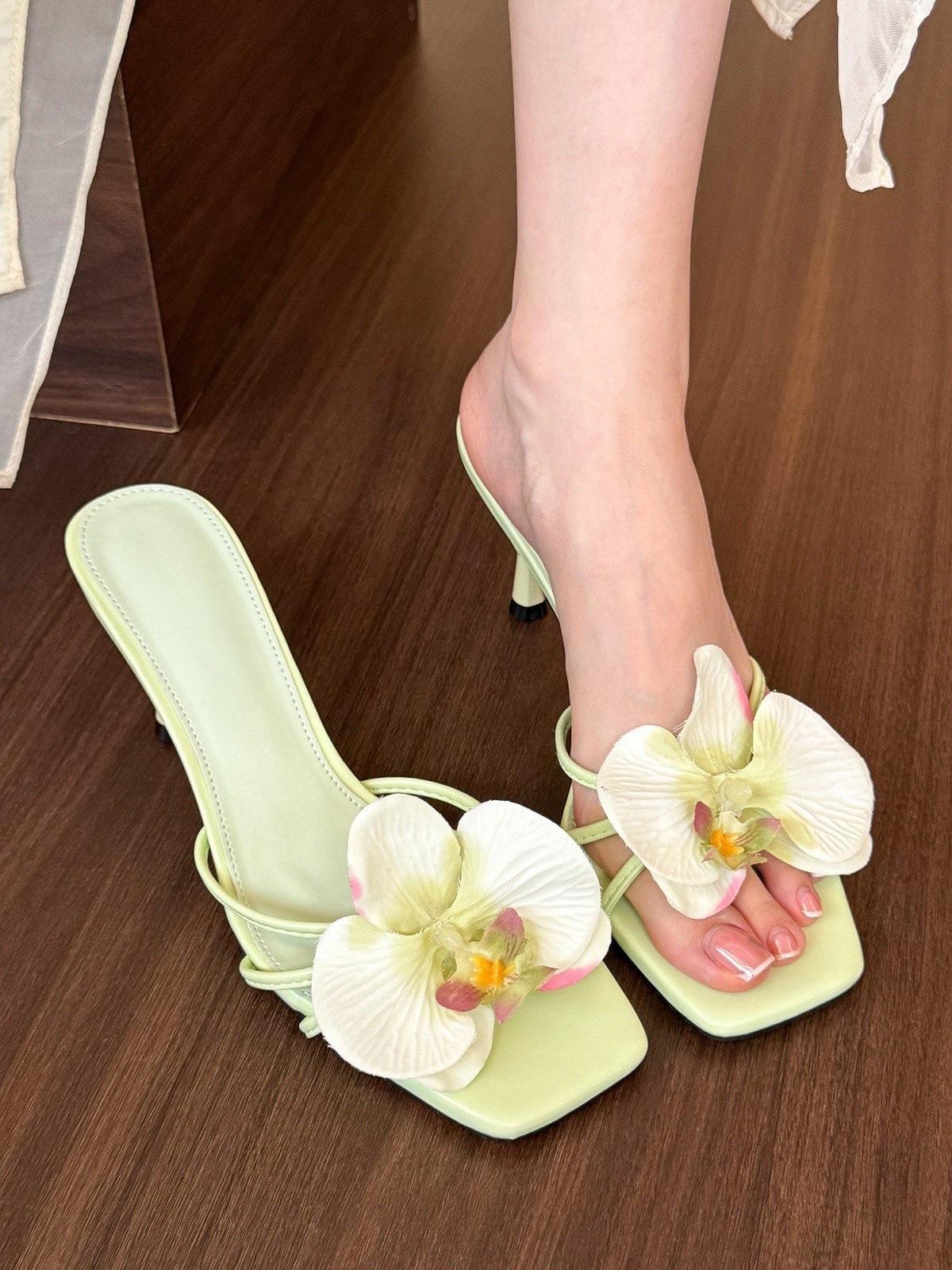 

Konggu Youlan! So beautiful green orchid open-toed high heels for women, summer square head sandals for women 34