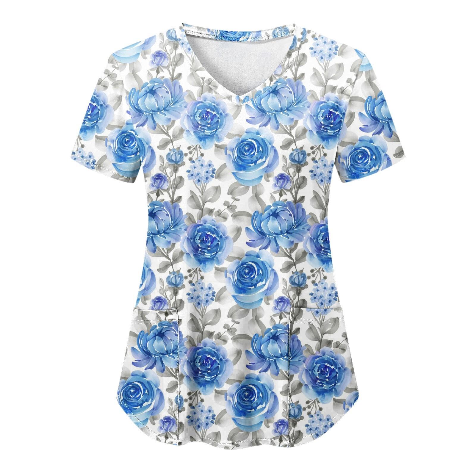 

Женские комбинезоны с короткими рукавами и цветочным принтом, изоляционные комбинезоны для салонов красоты, топы XXL светло-синий