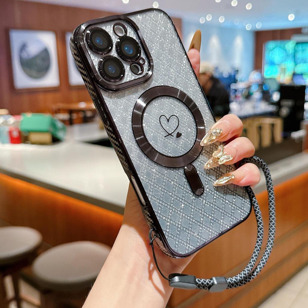Lanyard Magnetic Gradient Color Glitter Bling Camera Lens Protect Bumper Phone Case For iPhone 17 Air 16 15 Pro Max Samsung S25 S24 Protective Cover
