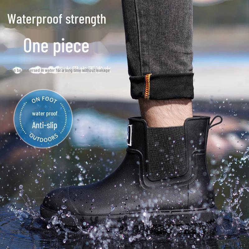 Men's Stylish Non-Slip Waterproof Short Rain Boots with Thick Velvet Lining