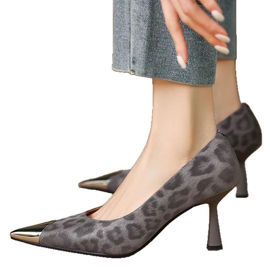 French Retro Leopard Print Pointed Toe High Heel Loafers For Women