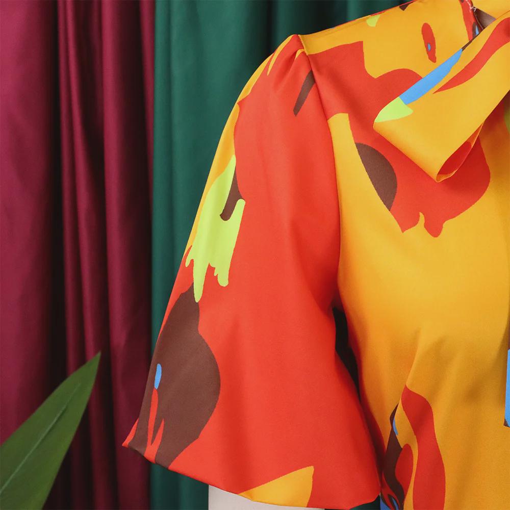 D341 European/American Summer Printed Stand-Up Collar Long Sleeve Shirt & Wide-Leg Pants Two-Piece Fashion Suit