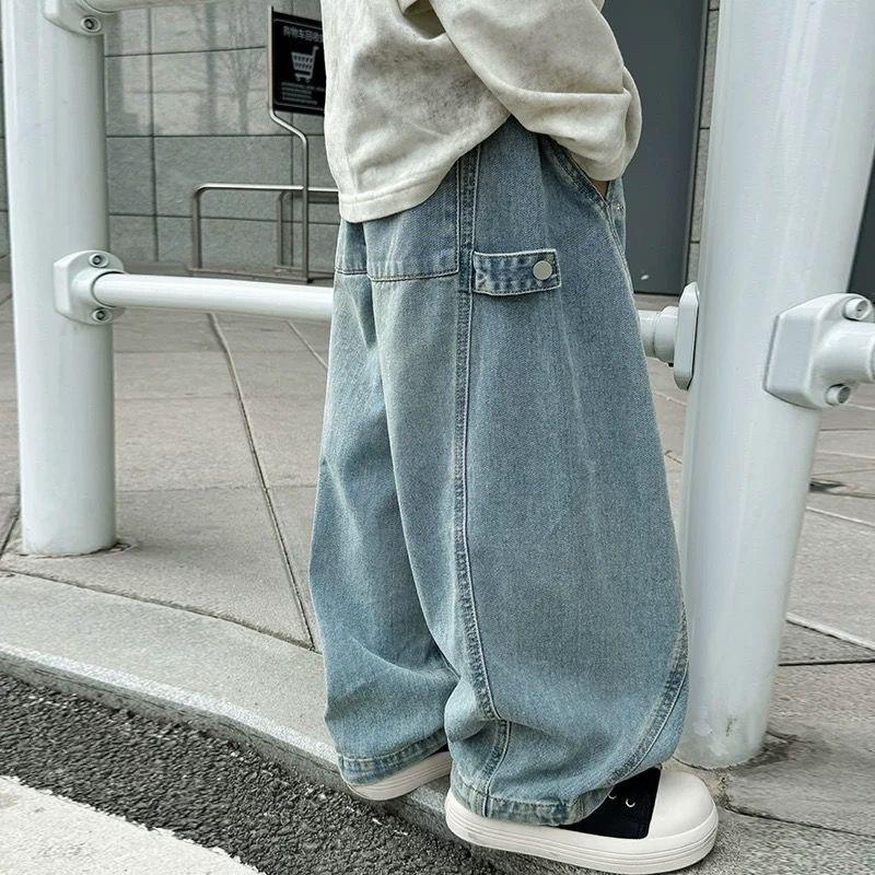 Boys' Jeans Spring and Autumn Children's Handsome Workwear Casual Pants Straight Leg Wide Leg Pants Boys' Trendy