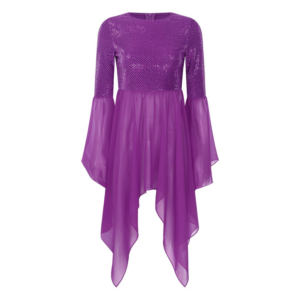 Damen Glitzer Pailletten Liturgisches Tanzkleid Patchwork Anbetungs Tunika Rundhals Ausgestellter Ärmel Asymmetrischer Saum Kleid