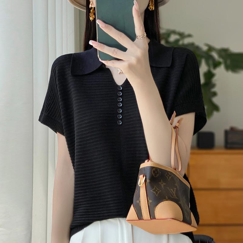 Women Knit T-shirt Summer Knitted Shirt Short Sleeve Tees Turn-down Collar Pullover Knit Tops Female