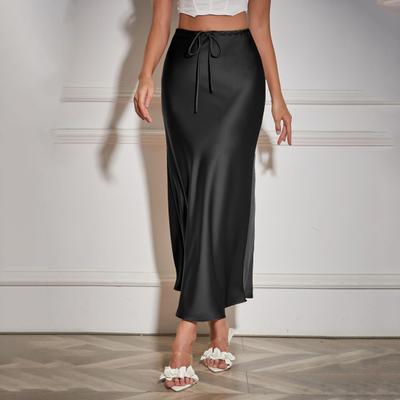 Women Skirt Silky Satin High Waist Drawstring Elastic Solid Color Ankle Length A-line