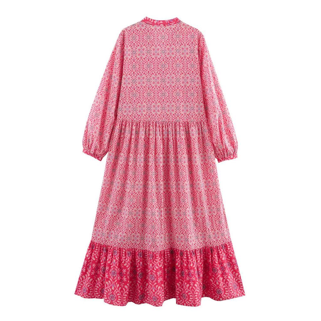 Spring/Summer 2025 Women's V-Neck Waist-Slimming Printed Long-Sleeve Dress