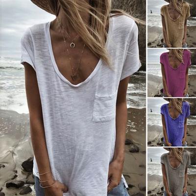Women T-shirt Round Neck Short Sleeve Patch Pocket Tee Shirt Solid Color Loose Fit Thin Pullover Tops Daily Wear