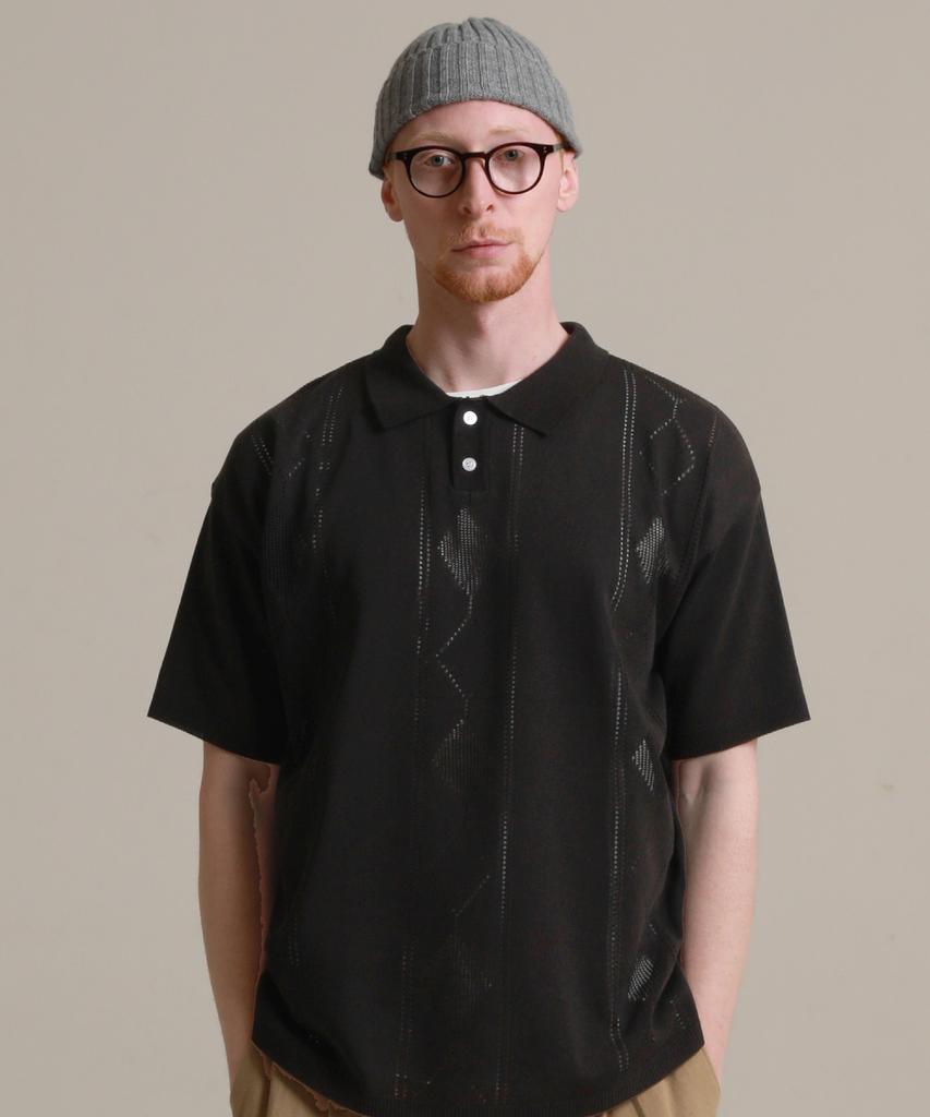 STAGE NAME Summer Diamond Punching Knit Polo Shirt_Black