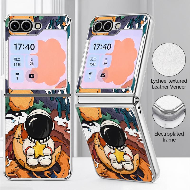 Cartoon Astronaut Pattern Case For Samsung Galaxy Z FlIP 7 FE 6 5 Plating PC+PU Leather Hybrid Folding Cover For Samsung Z Flip7 Flip6 Flip5