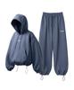 [Set] Small Slow And Soft String Oversized Hoodie + Single-Pleat Wide Pants - Blue-Gray