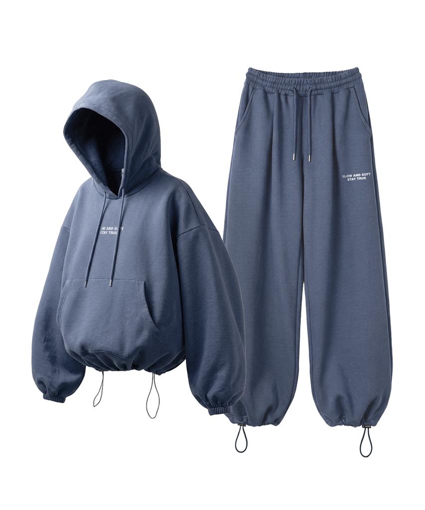 [Set] Small Slow And Soft String Oversized Hoodie + Single-Pleat Wide Pants - Blue-Gray