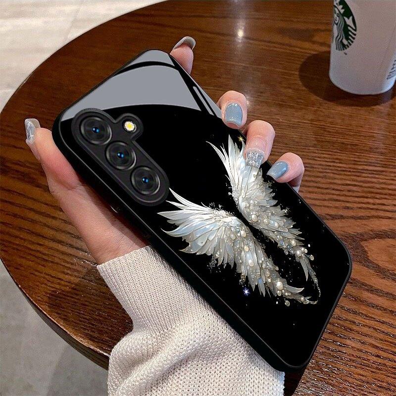 Engelsflügel Glas Handyhülle geeignet für Samsung Galaxy S26 S25 S24 S23 S22 S20 FE/Ultra/Plus sturzsichere Rückabdeckung