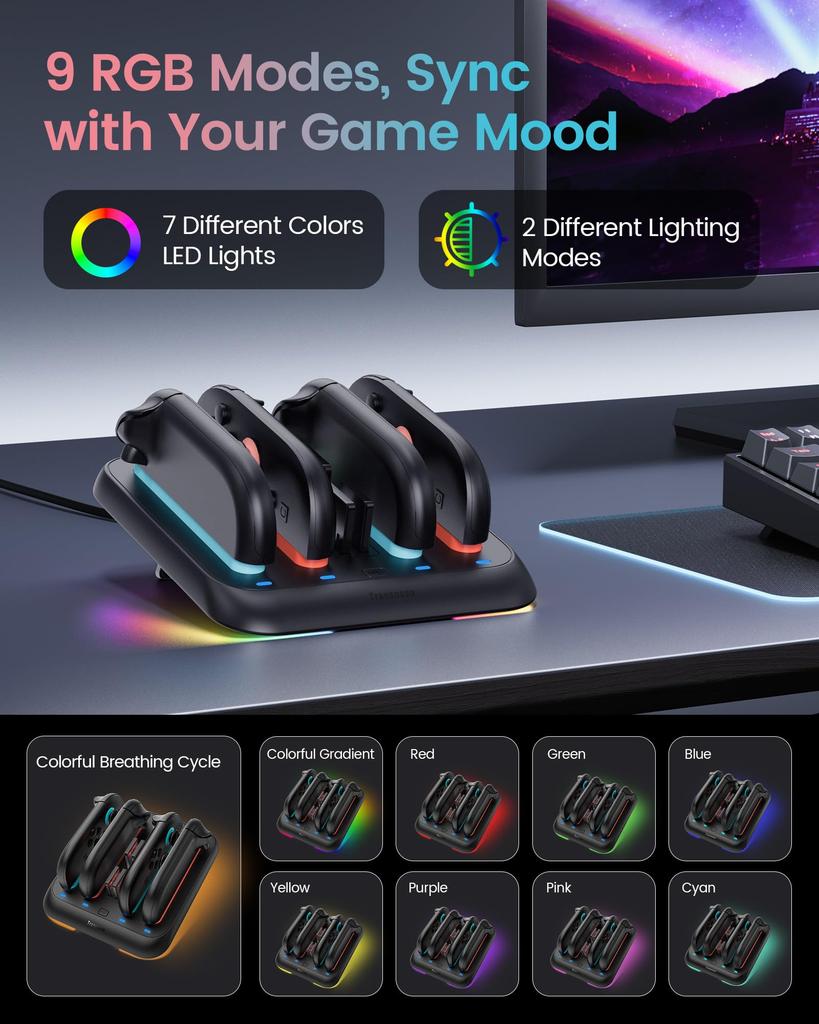 For TRANSNOVO Switch 2 Charging Stand for Nintendo Switch Fast Charger with Adjustable Slim Controller Holds 4 Game Features 9 RGB LED for Home and