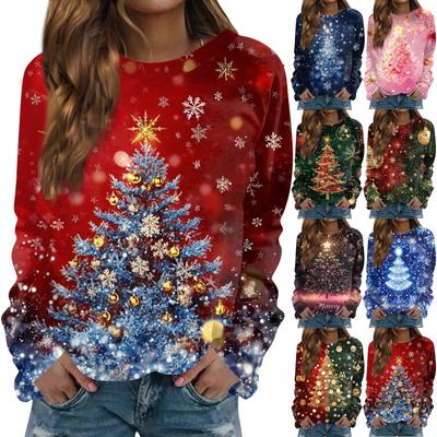 Women's Casual Fashion Christmas Tree Printed Round Neck Long Sleeve Top