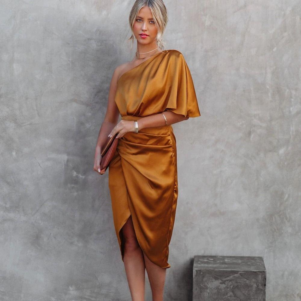 

Однотонное платье-комбинация на одно плечо, асимметричное короткое вечернее платье, атласное шелковое вечернее платье, свидание s оранжевый