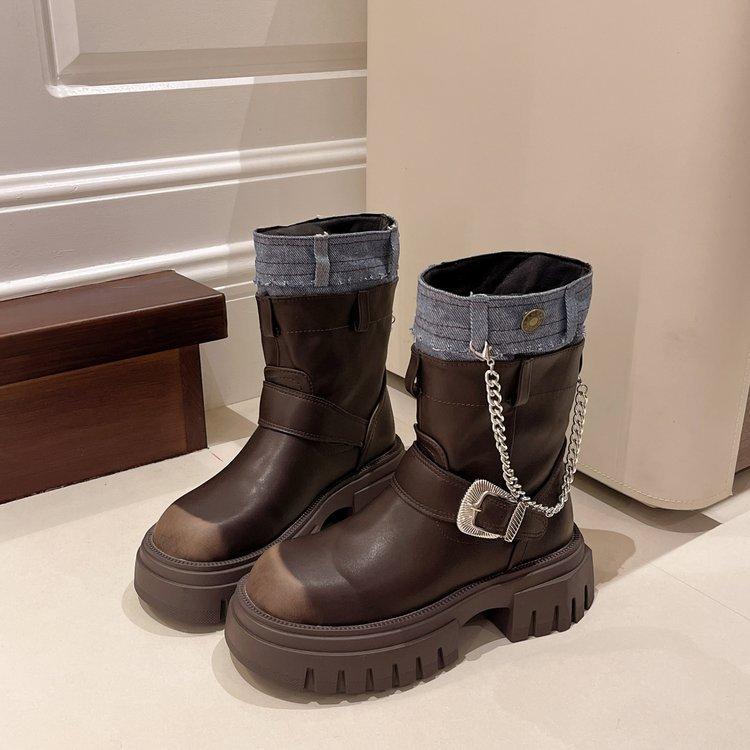 

Ботинки на платформе Женские новые осенне-зимние ботильоны в британском стиле на толстом каблуке, ботинки-рыцари до щиколотки, облегающие ковбойские ботинки C1075 40 коричневый