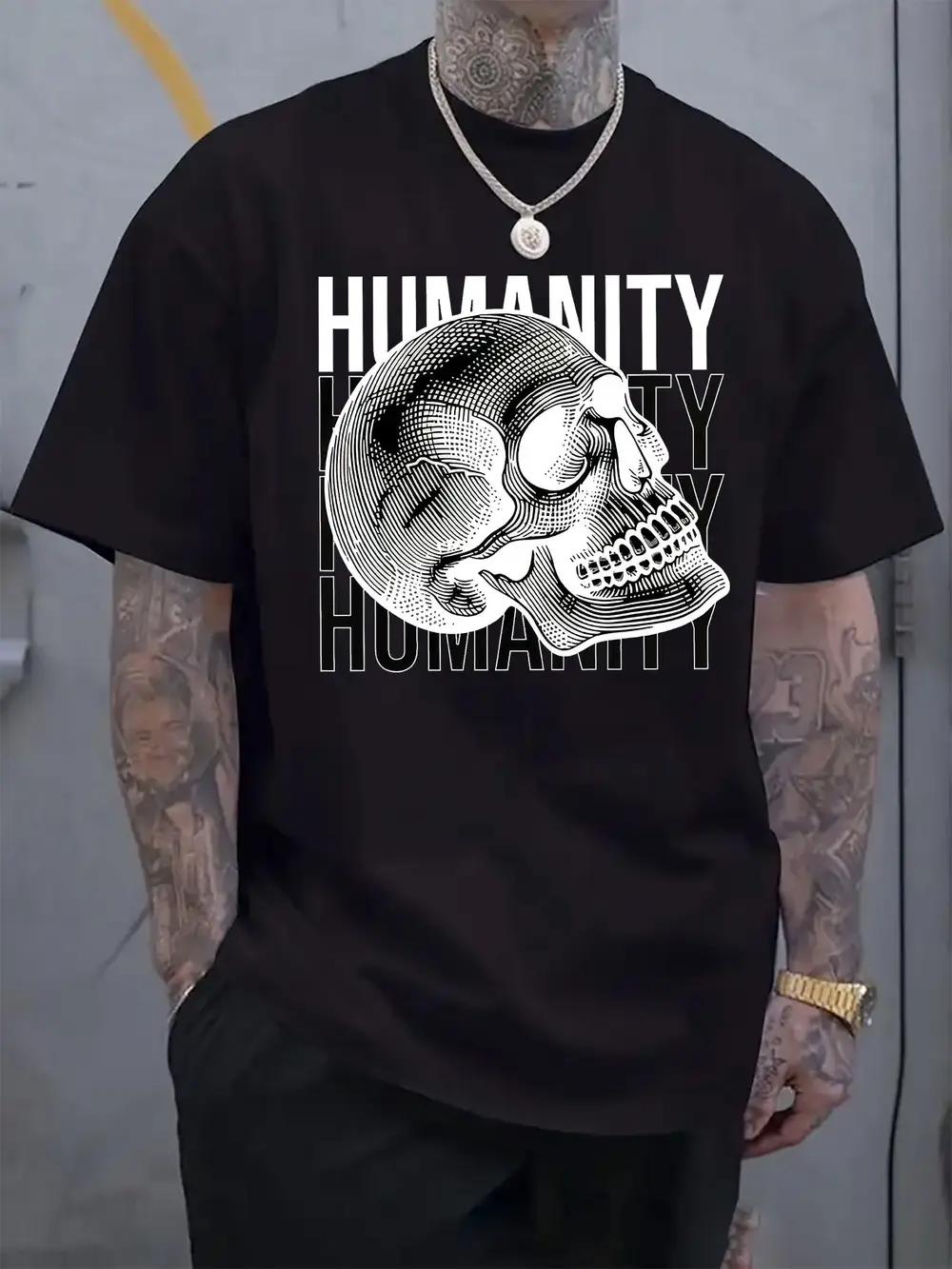 Casual Crew Neck T-shirt with Humanity & Skull Graphic Print XXL