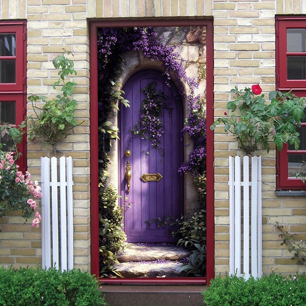 2pcs Dreamy Purple Magic Door Wall Sticker Self-adhesive Removable Fairy Tale Style Home Wall Sticker Vine Flower Pattern Art Ba