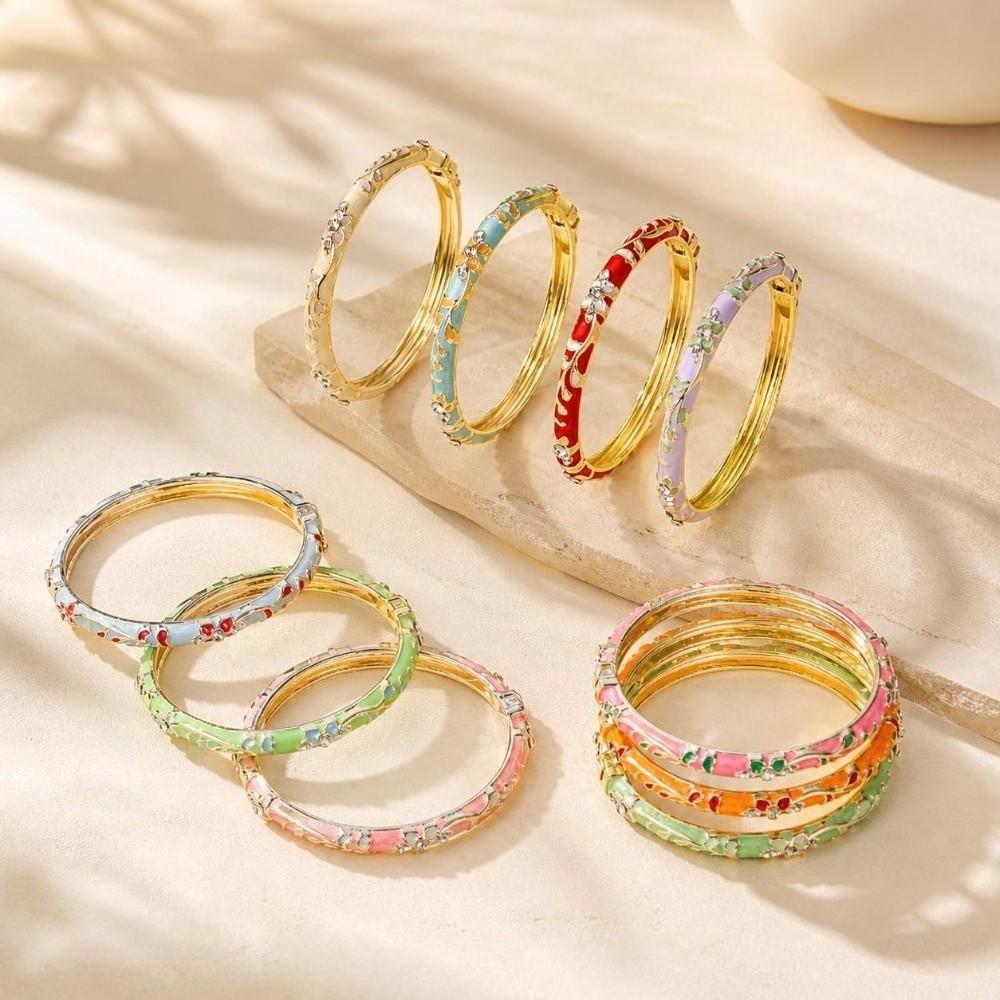 Chinese Style Enamel Flower Bangle Elegant Women's Floral Bracelet Vintage Cloisonne Bangle Bride