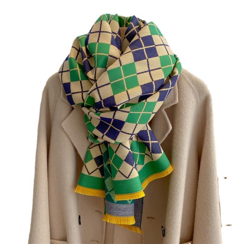 New scarf, sweet plaid women's shawl, warm in winter, imitation cashmere scarf with decoration