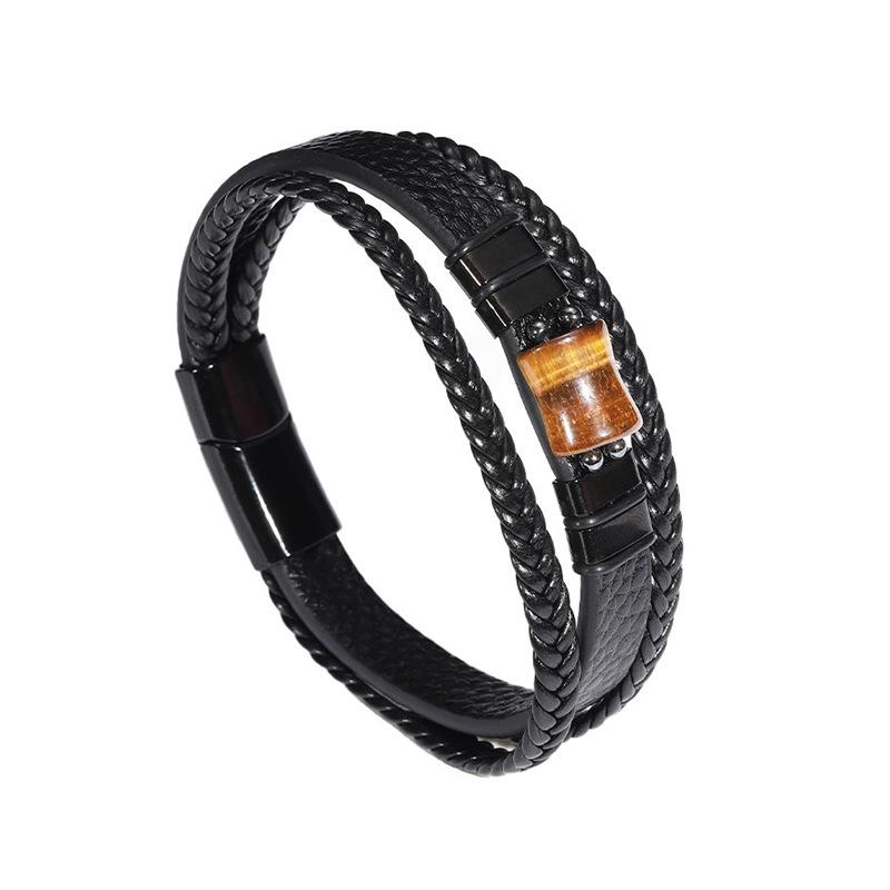 Men's Multi-layer Leather Bracelet with Tiger Eye and Stone Beads, Magnetic Clasp